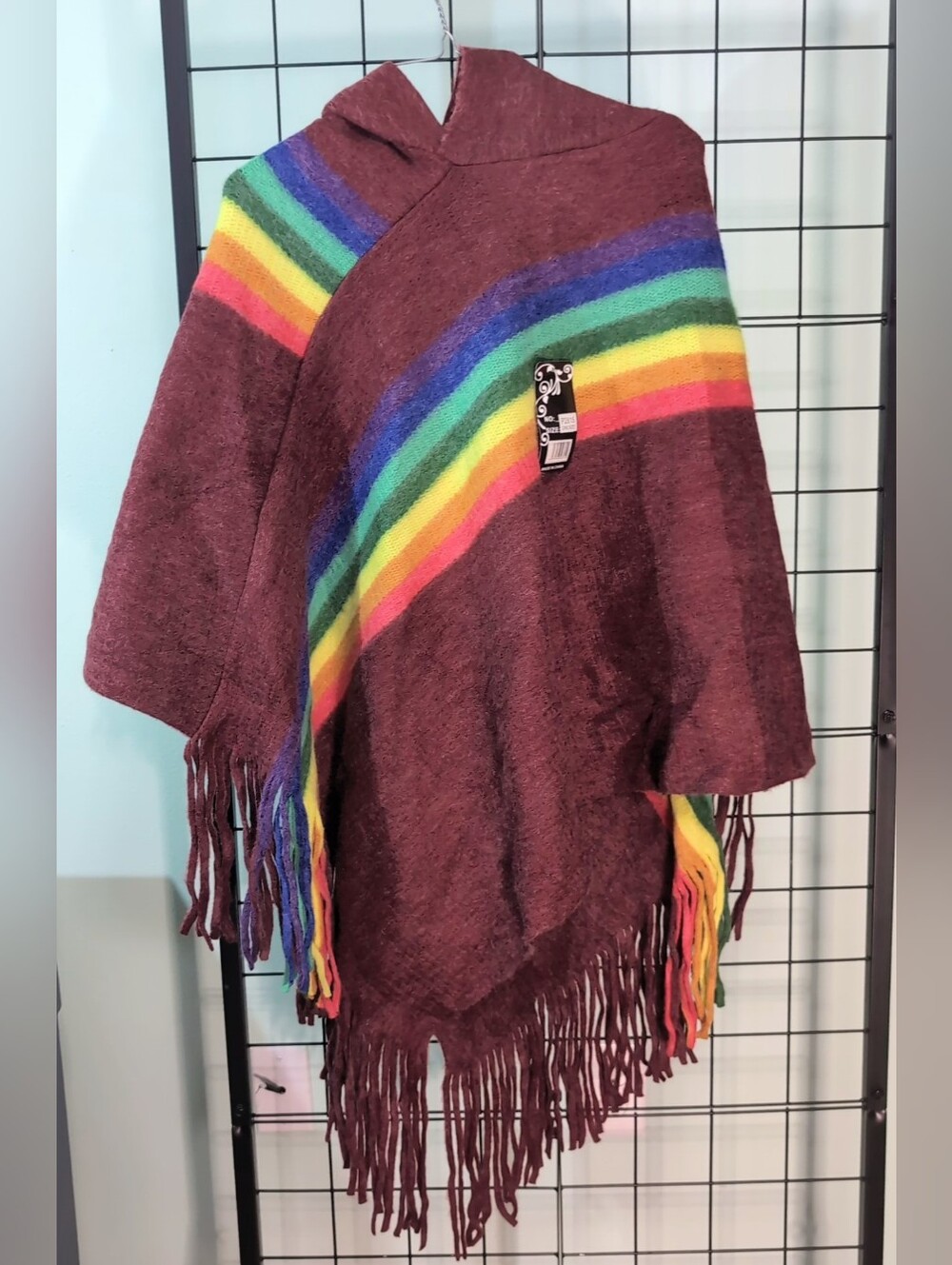 Burgundy Rainbow Stripe Hooded Poncho Cape with Fringe One Size NWT